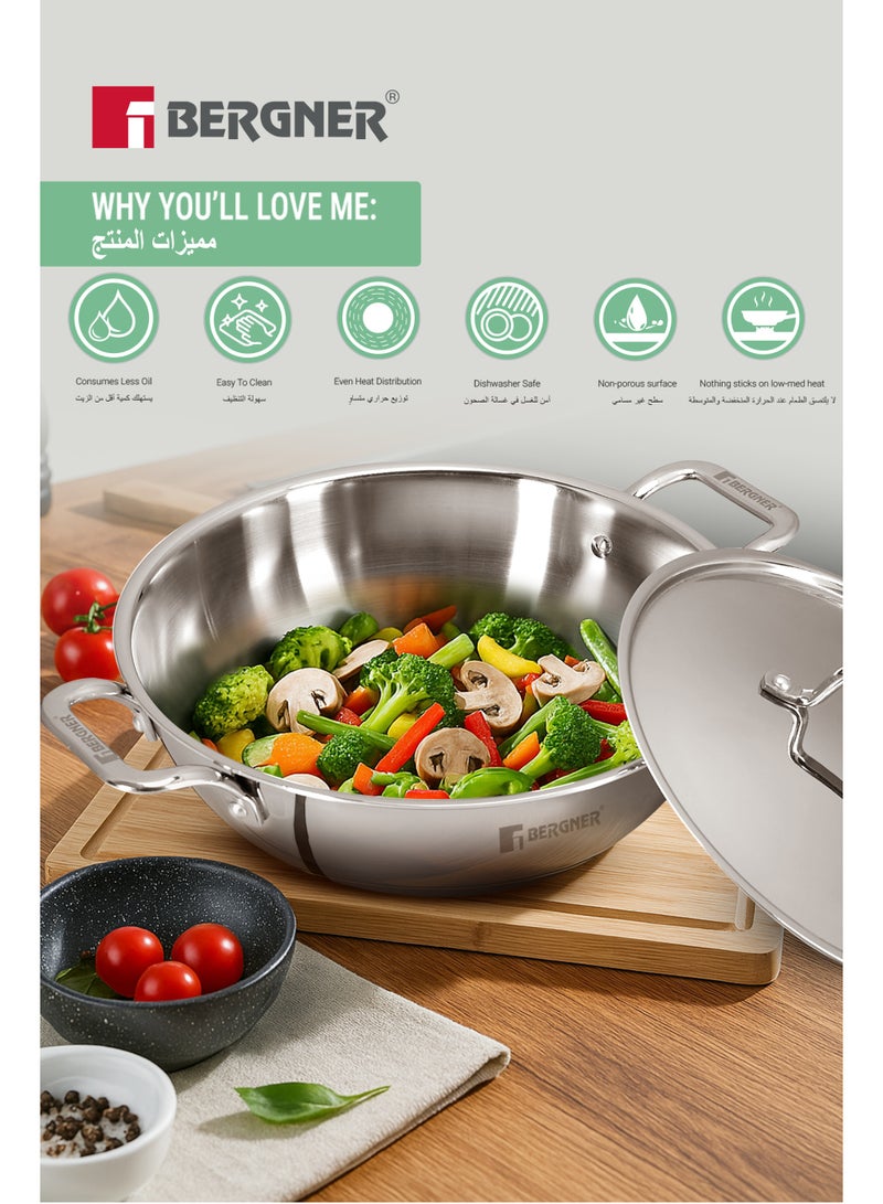 Bergner TriPro 24cm (3.1L) Triply Stainless Steel Deep Stir-fry Pan with Lid, Heavy Base Kadai Wok, Even Heating, Less Oil Healthy Cooking Cookware, Induction & Gas Stove Compatible - Image 4